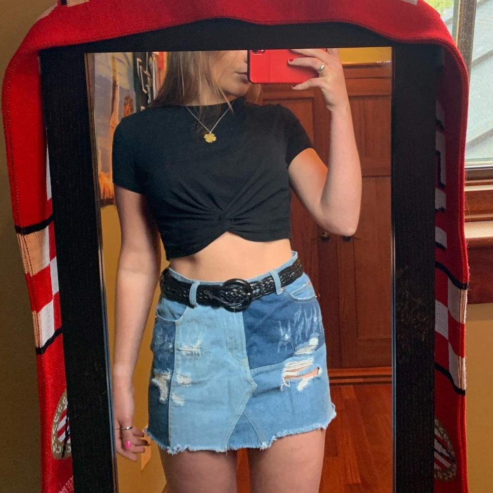 Patched denim skirt